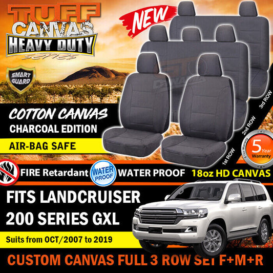 Tuff HD Canvas Seat Covers 3 Rows For Toyota Landcruiser 200 Series GXL 8/2007-2021 Charcoal