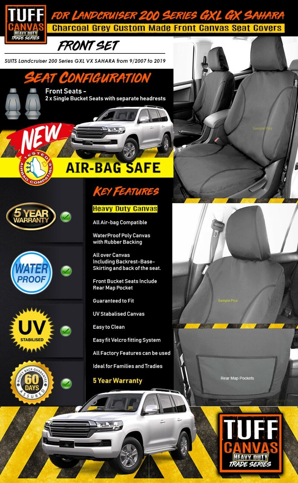 TUFF HD TRADE Canvas Seat Covers Front For Toyota Landcruiser 200 Series GXL VX 2007-2019 Charcoal