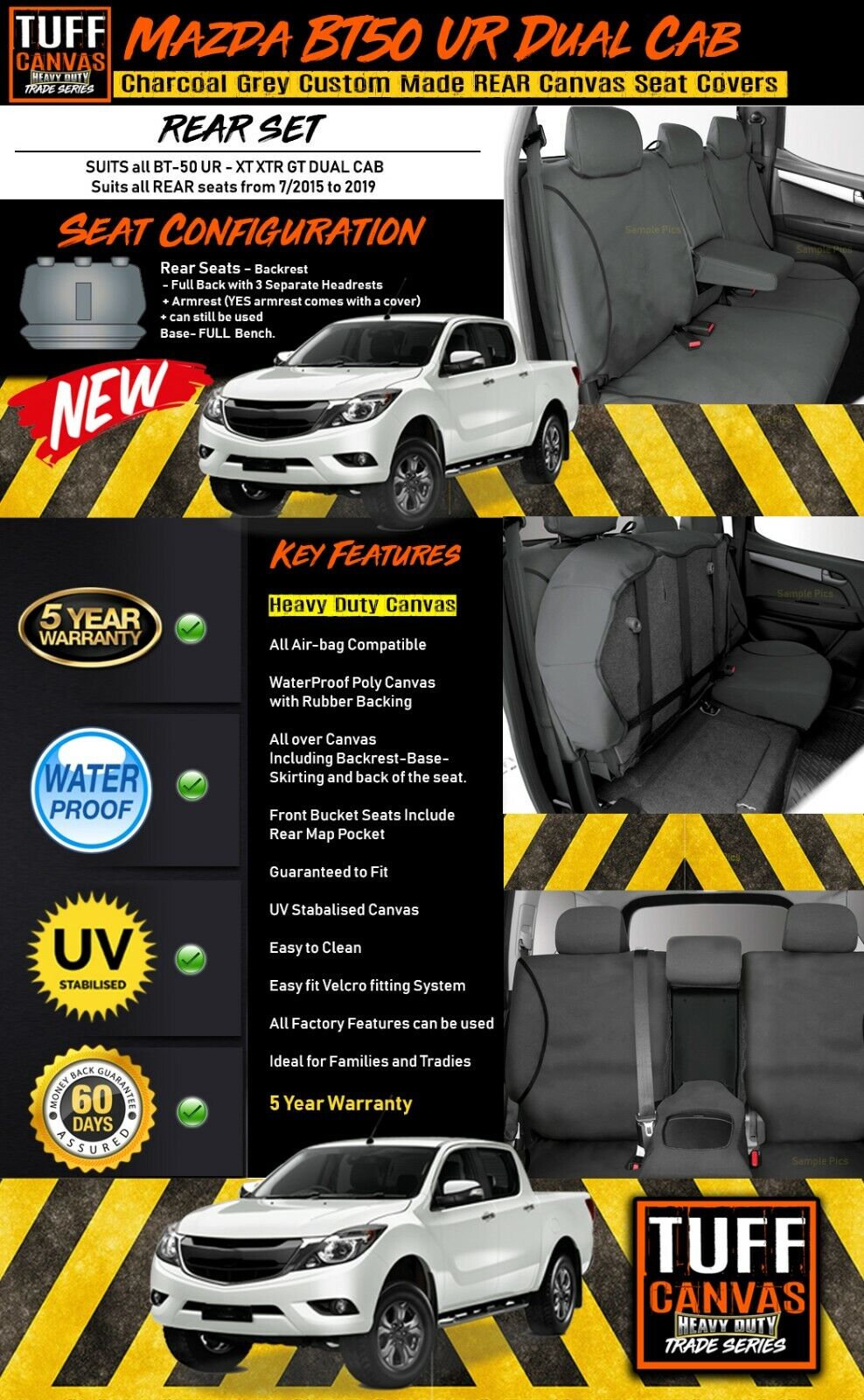 TUFF HD TRADE Canvas Seat Covers Rear For Mazda BT-50 UR XT XTR BT50 9/2015-2020 Charcoal