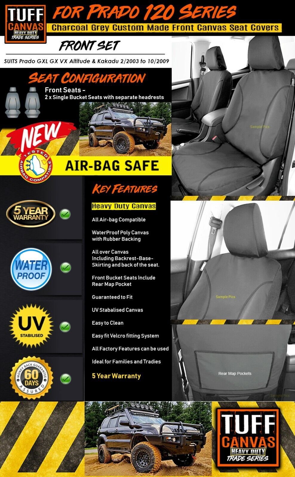 TUFF HD TRADE Canvas Seat Covers Front For Toyota Prado 120 GXL GX Grande 2003-2009 Charcoal
