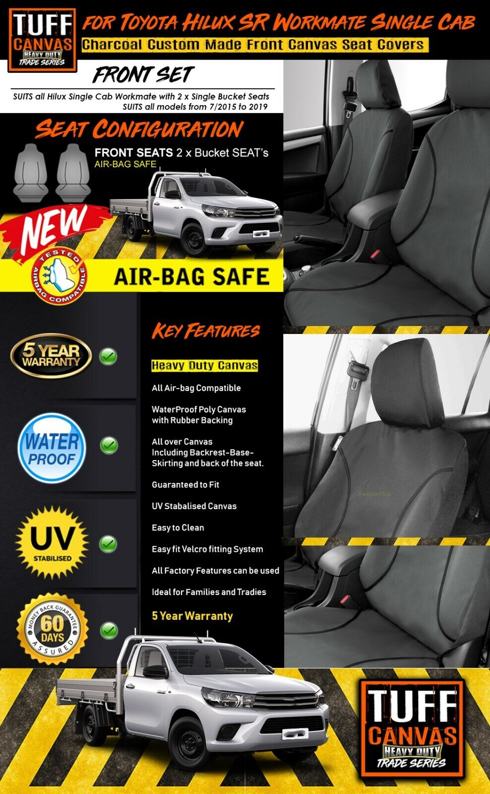 TUFF HD TRADE Canvas Seat Covers Front For Toyota Hilux Single Cab GUN126R 2015-2024 Charcoal