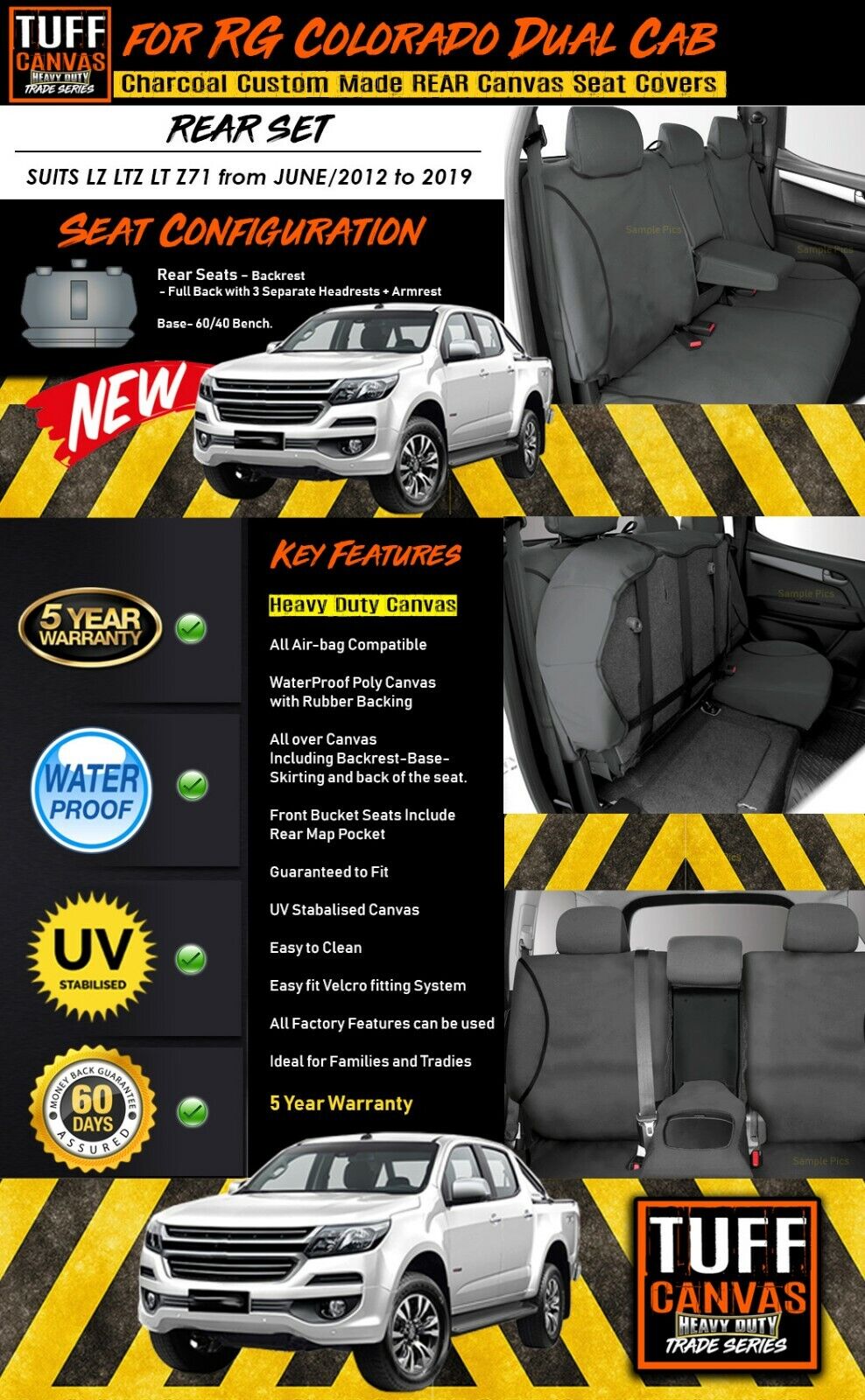 TUFF HD TRADE Canvas Seat Covers Rear For Holden RG Colorado LT LTZ LZ 5/2012-2019 Charcoal