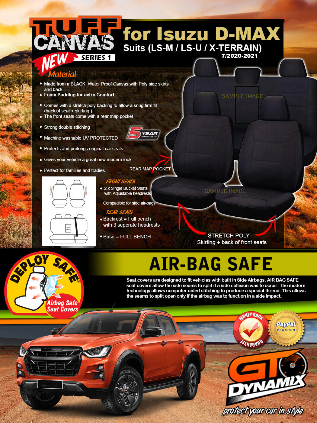 Tuff Canvas Seat Covers 2 Rows For Isuzu D-MAX TF LS-M LS-U X-Terrain 7/2020-2021 Black