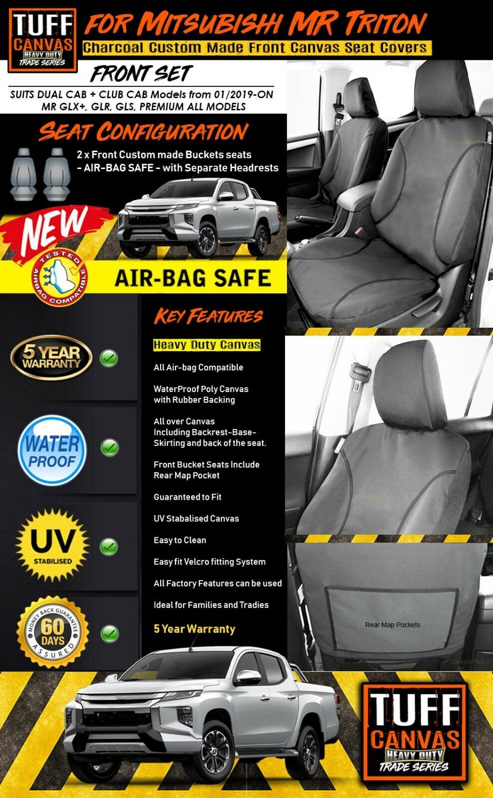 TUFF HD TRADE Canvas Seat Covers Front For Mitsubishi Triton MR GLX+ GLR GLS 1/2019-2023 Charcoal