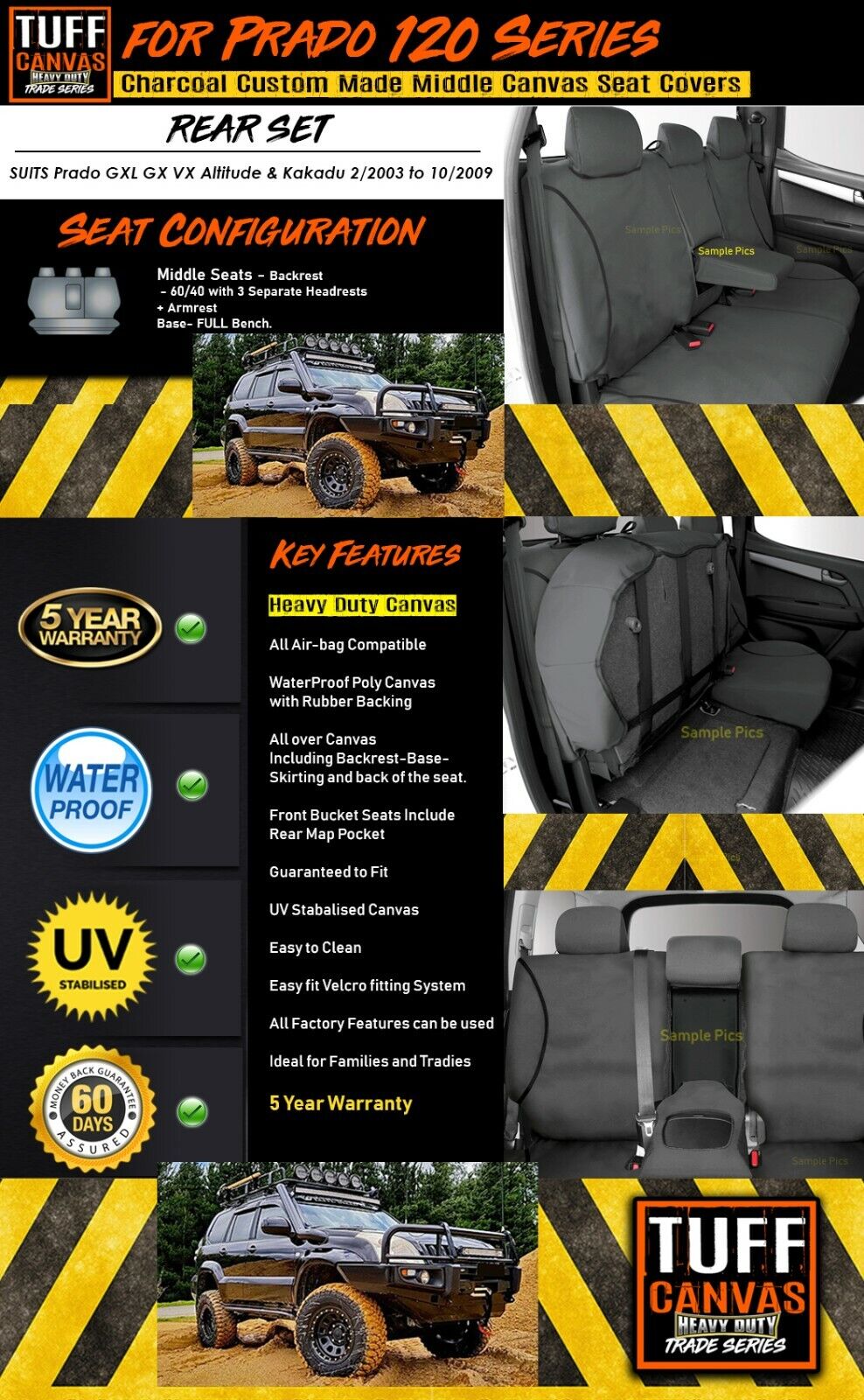 TUFF HD TRADE Canvas Seat Covers 2nd Row For Toyota Prado 120 GXL VX Grande 2003-2009 Charcoal