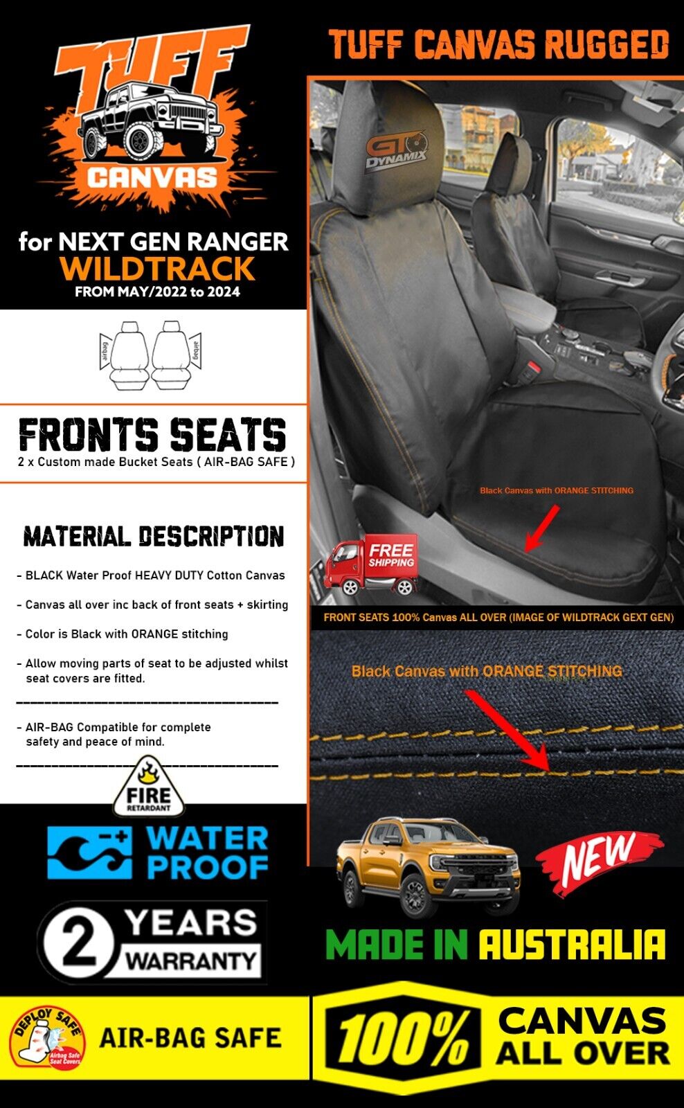 Tuff HD Canvas Seat Covers 2 Row For MAZDA BT-50 UP Dual Cab 10/2011-9/2015 BT50 Charcoal