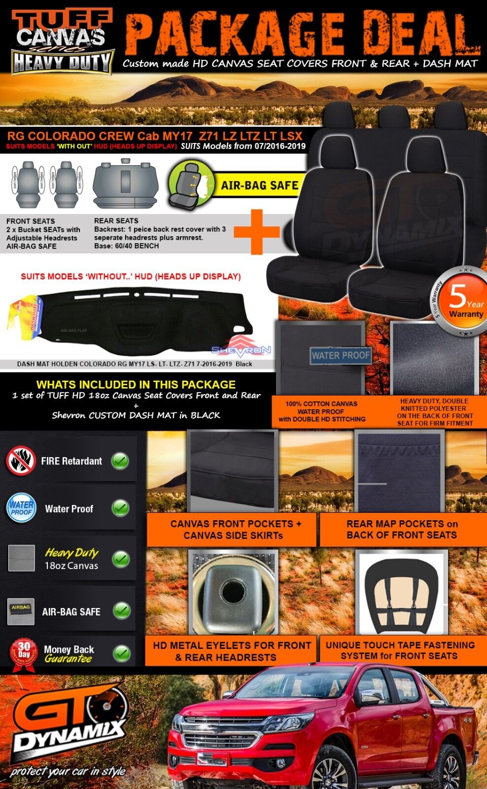 Tuff HD Canvas Seat Covers 2 Rows + Dash Mat For Holden RG Colorado NO HUD 7/2016-2019 Black
