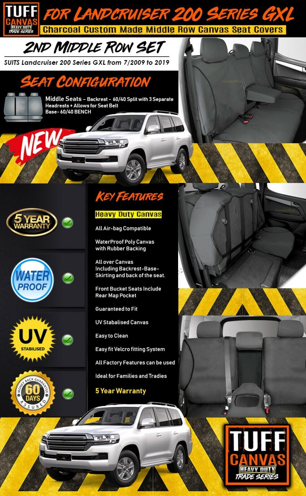 TUFF HD TRADE Canvas Seat Covers 2nd Row For Toyota Landcruiser 200 Series GXL 2009-2019 Charcoal