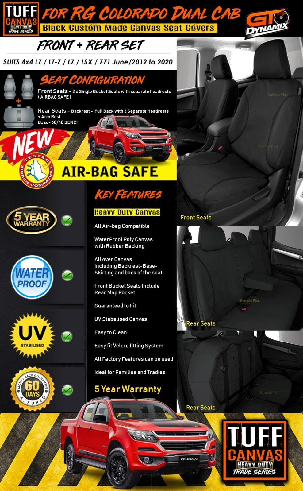 TUFF HD TRADE Canvas Seat Covers 2 Rows For Holden RG Colorado LTZ LZ LT 6/2012-2020 Black