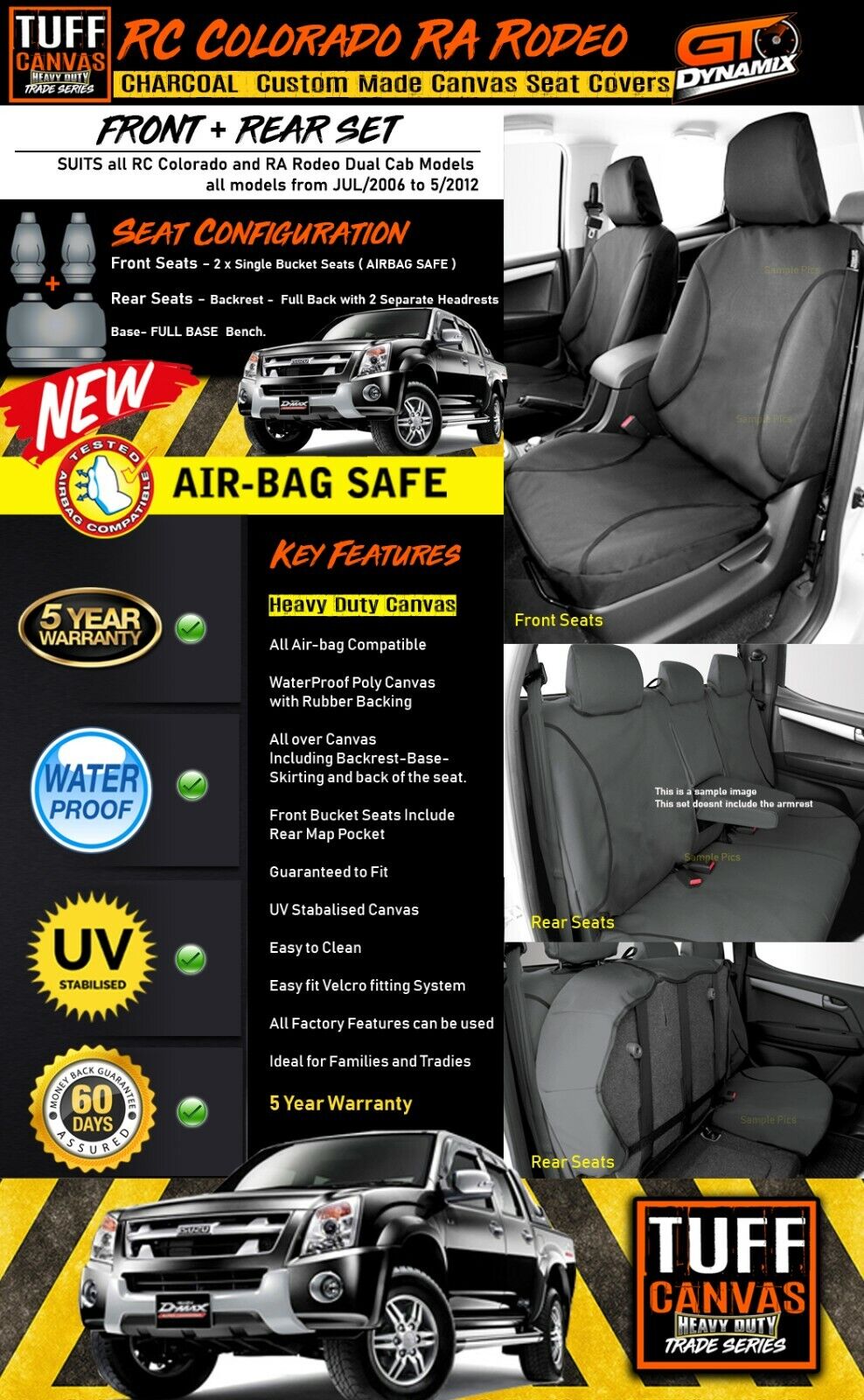 TUFF HD TRADE Canvas Seat Covers 2 Rows For Isuzu D-MAX DMAX SX LS LSM LSU 10/2008-2012 Charcoal