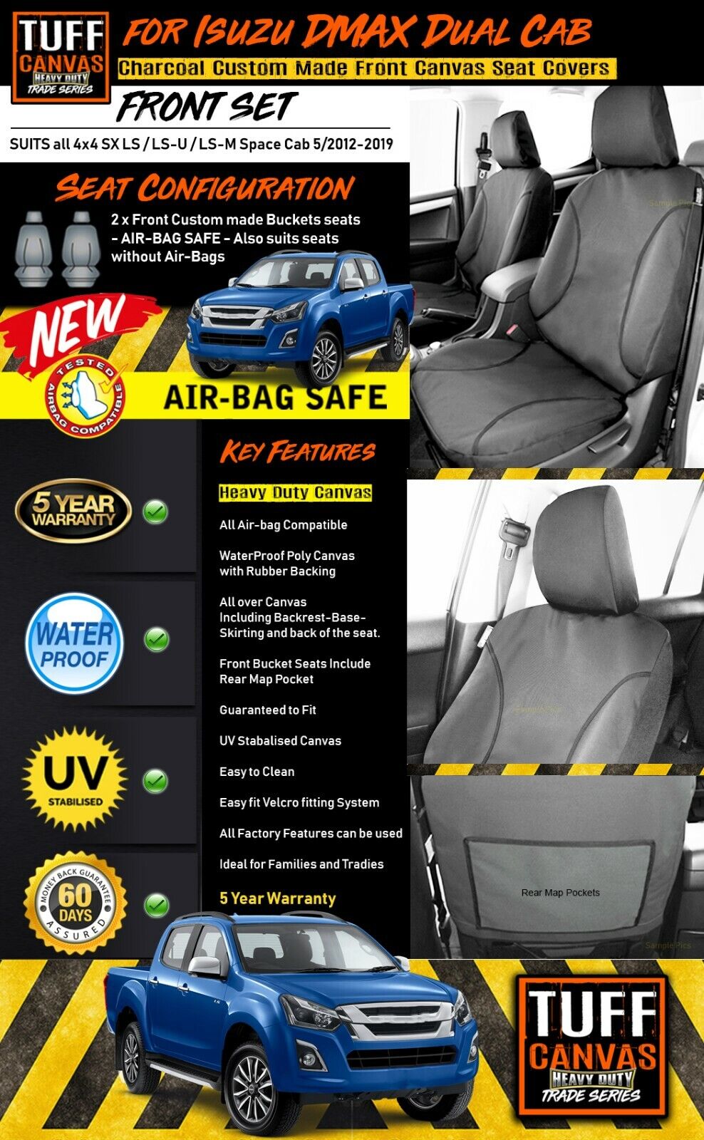TUFF HD TRADE Canvas Seat Covers Front For Isuzu D-MAX SX LS LSU 4x4 5/2012-2019 Charcoal