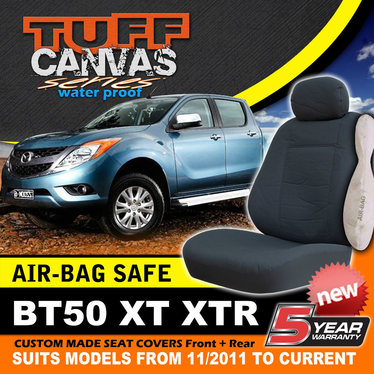 Tuff Canvas Seat Covers 2 Row + Dash Mat For Mazda BT-50 Dual Cab XT XTR 11/2011-2015 Charcoal