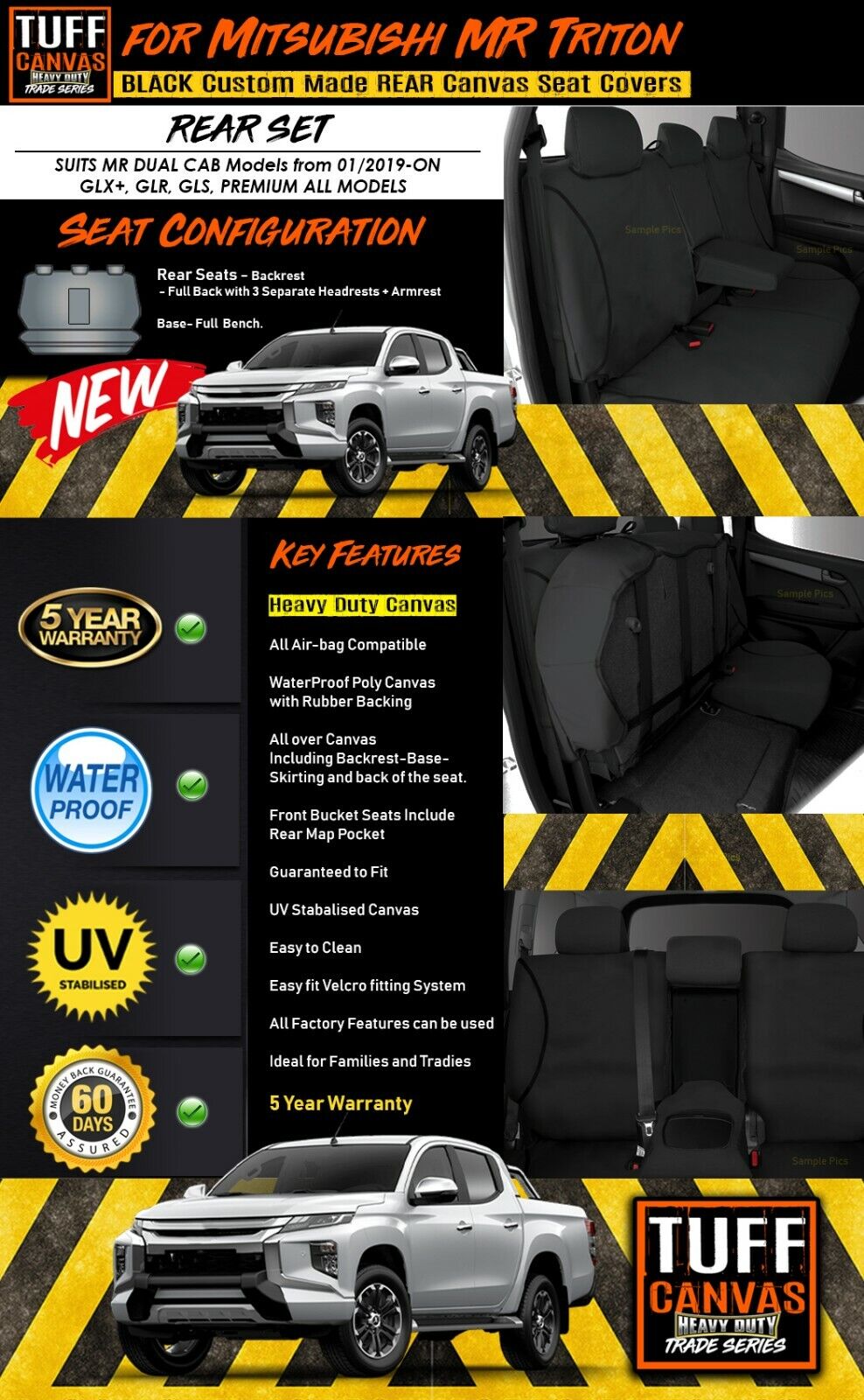 TUFF HD TRADE Canvas Seat Covers Rear For Mitsubishi Triton MR Dual Cab GLX GLR 1/2019-2023 Black