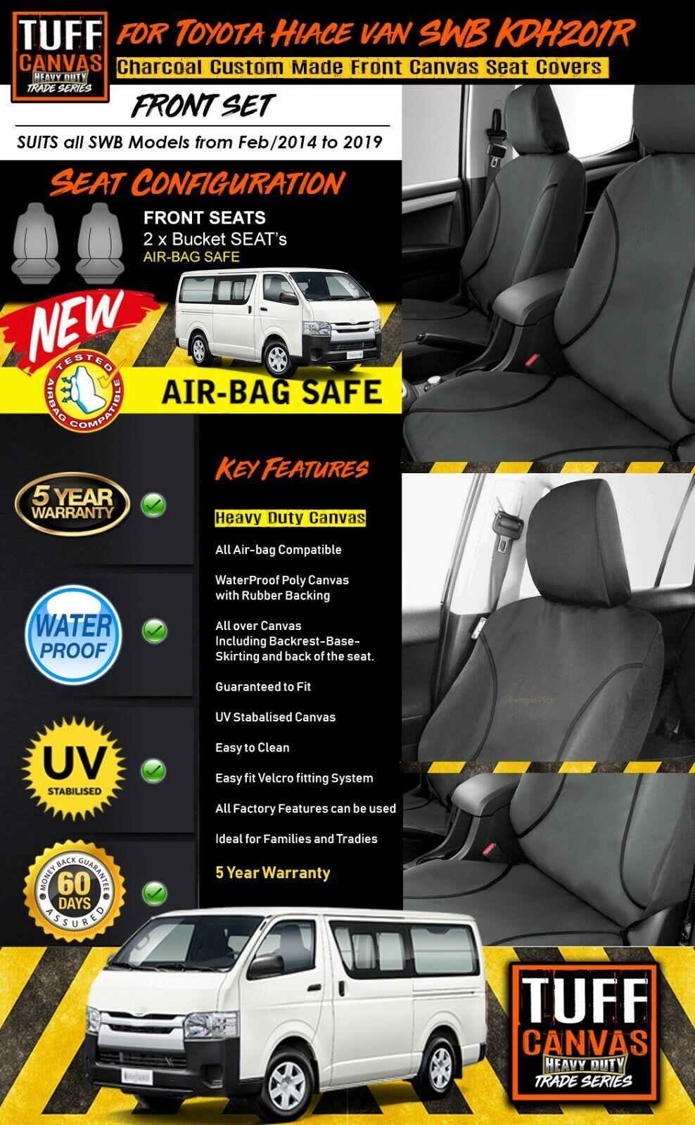 TUFF HD TRADE Canvas Seat Covers Front For Toyota Hiace KDH201R 2/2014-2019 CHARCOAL