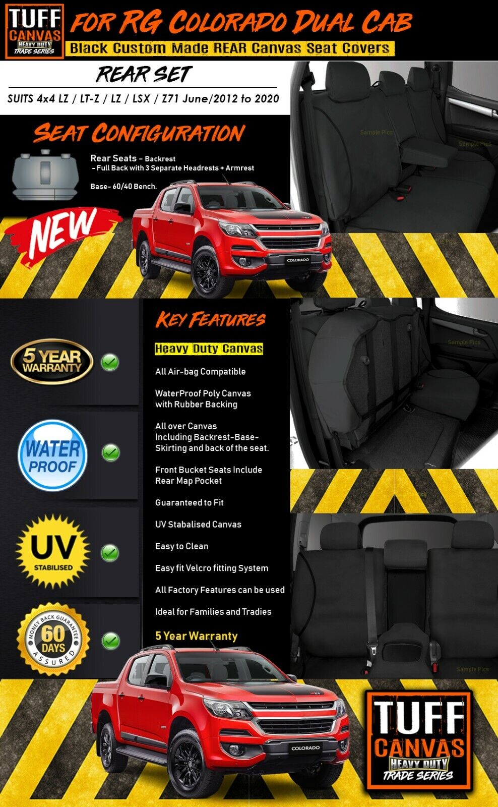 TUFF HD TRADE Canvas Seat Covers Rear For Holden Colorado RG LT LTZ LZ Z71 5/2012-2020 Black