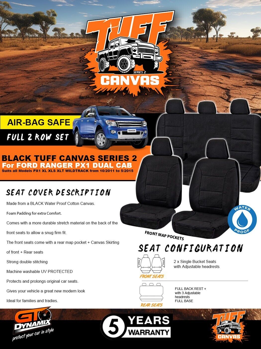 Black Tuff Canvas S2 Seat Covers 2 Rows For Ford PX1 RANGER XL XLT XLS 10/2011-5/2015