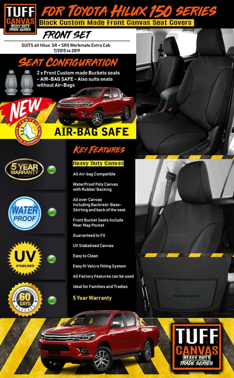 TUFF HD TRADE Canvas Seat Covers Front For Toyota Hilux Workmate D/CAB 7/2015-2024 Black