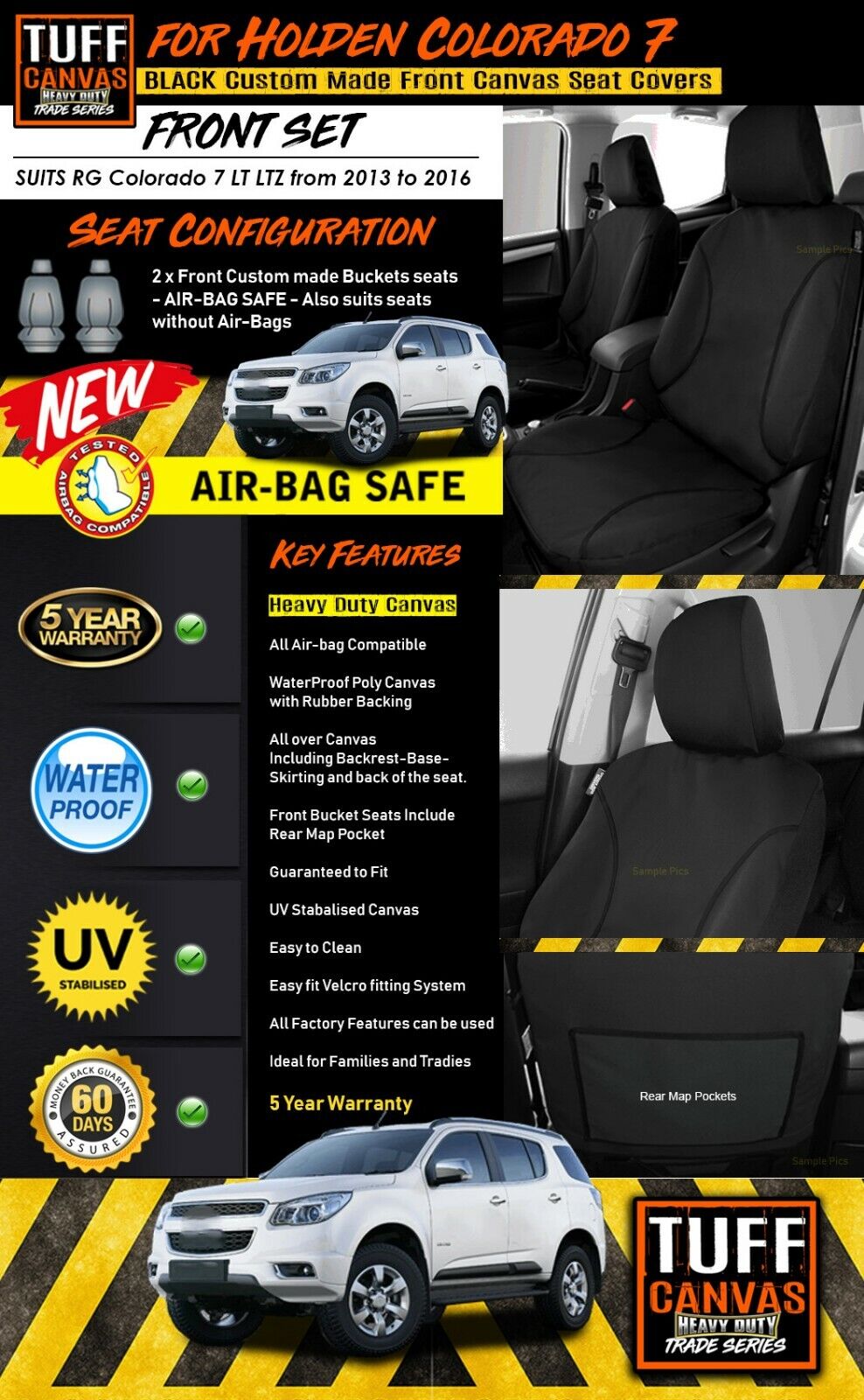 TUFF HD TRADE Canvas Seat Covers Front For Holden RG Colorado 7 LTZ LT 2013-16 in Black