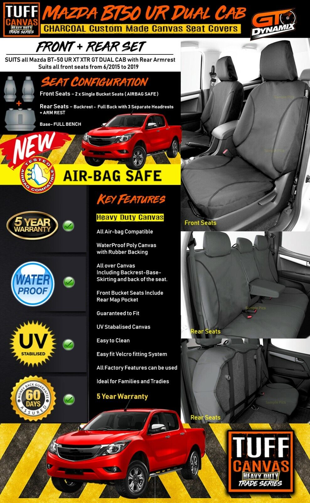 TUFF HD TRADE Canvas Seat Covers 2 Rows For Mazda BT-50 UR XT XTR BT50 7/2015-2019 Charcoal