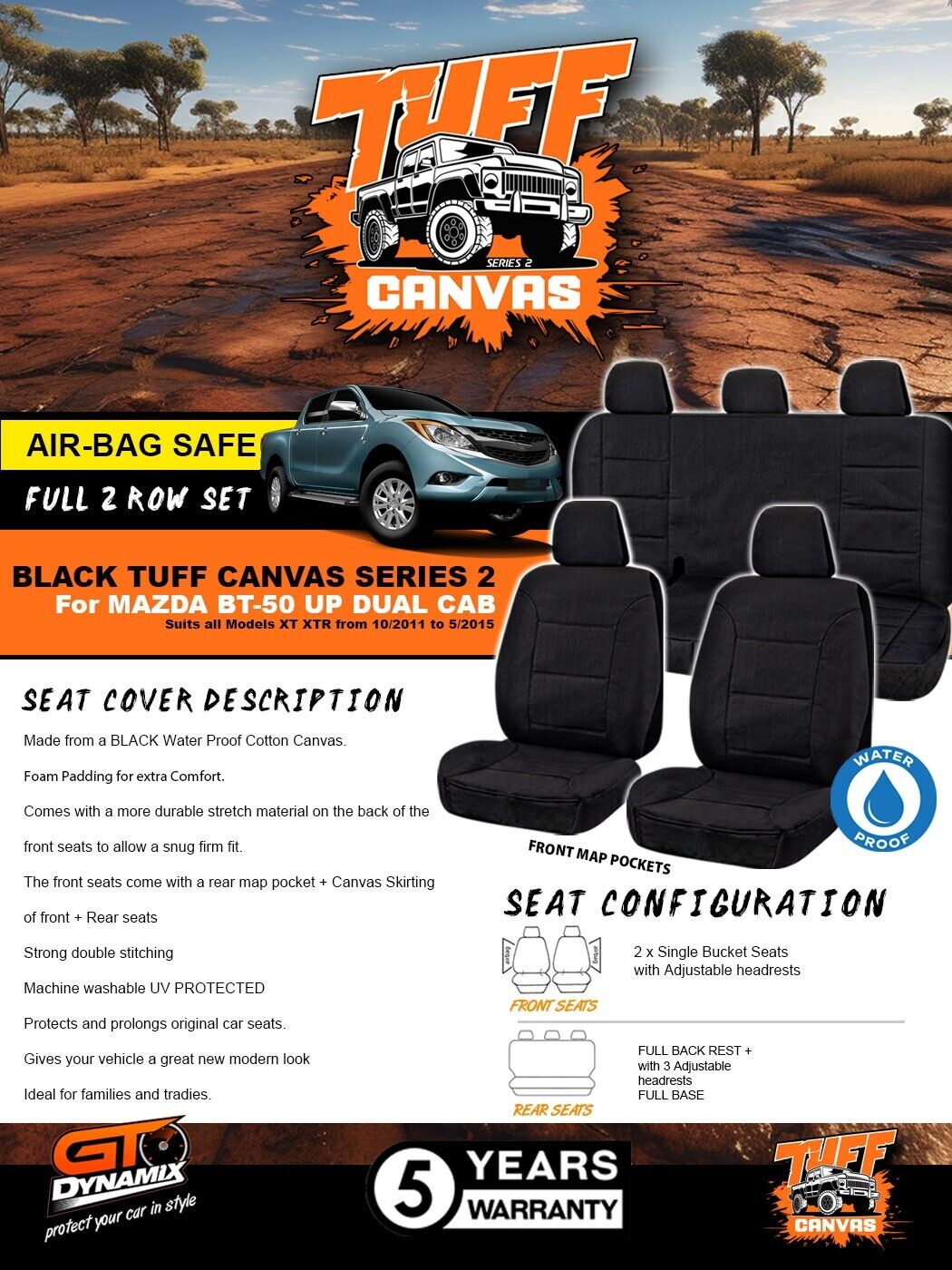 Black Tuff Canvas S2 Seat Covers 2 Rows For Mazda BT-50 Dual Cab XT XTR 11/2011-9/2015
