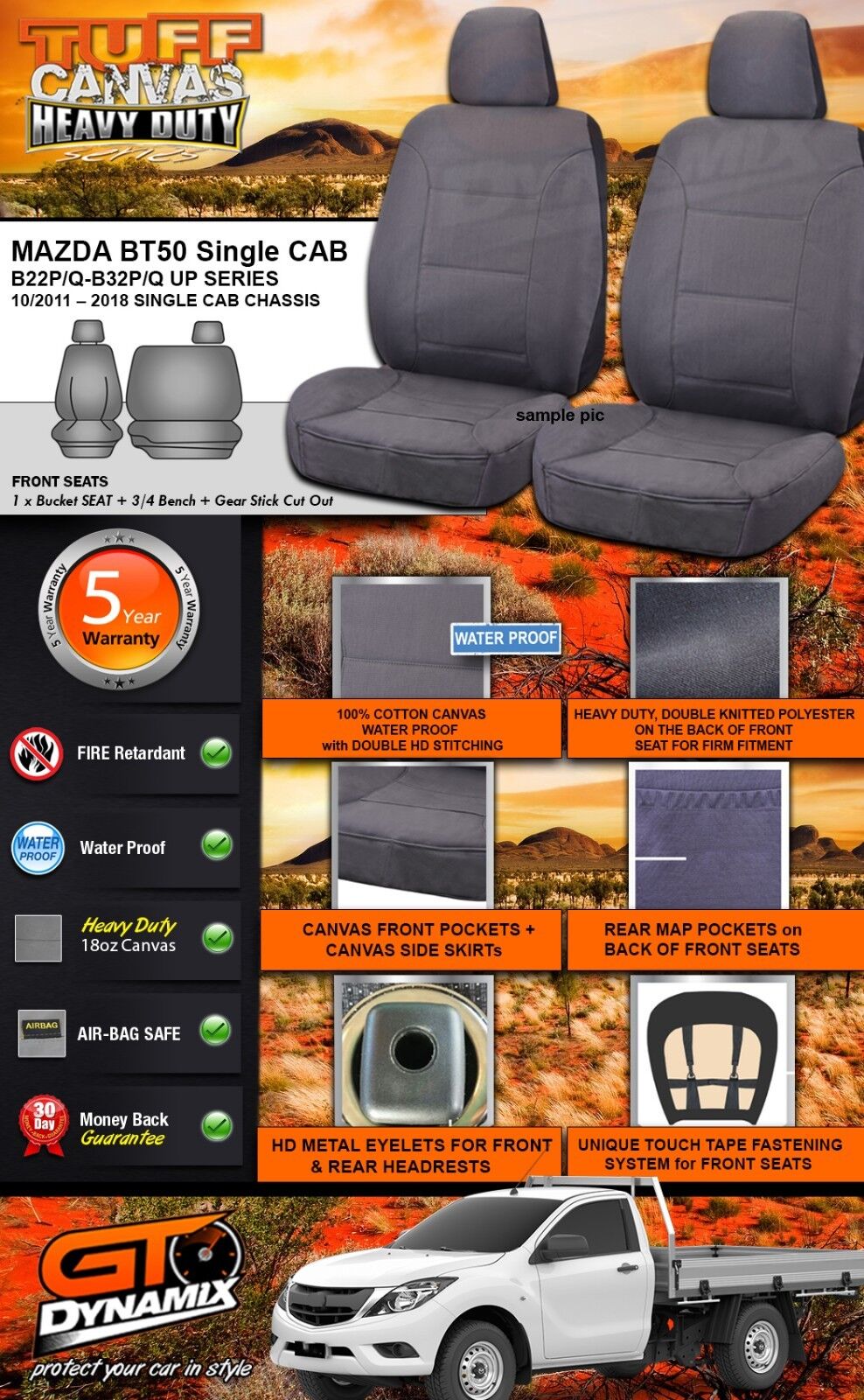 Tuff HD Canvas Seat Covers 2 Rows For Mazda BT-50 Single CAB 11/2011-2019 BT50 Charcoal