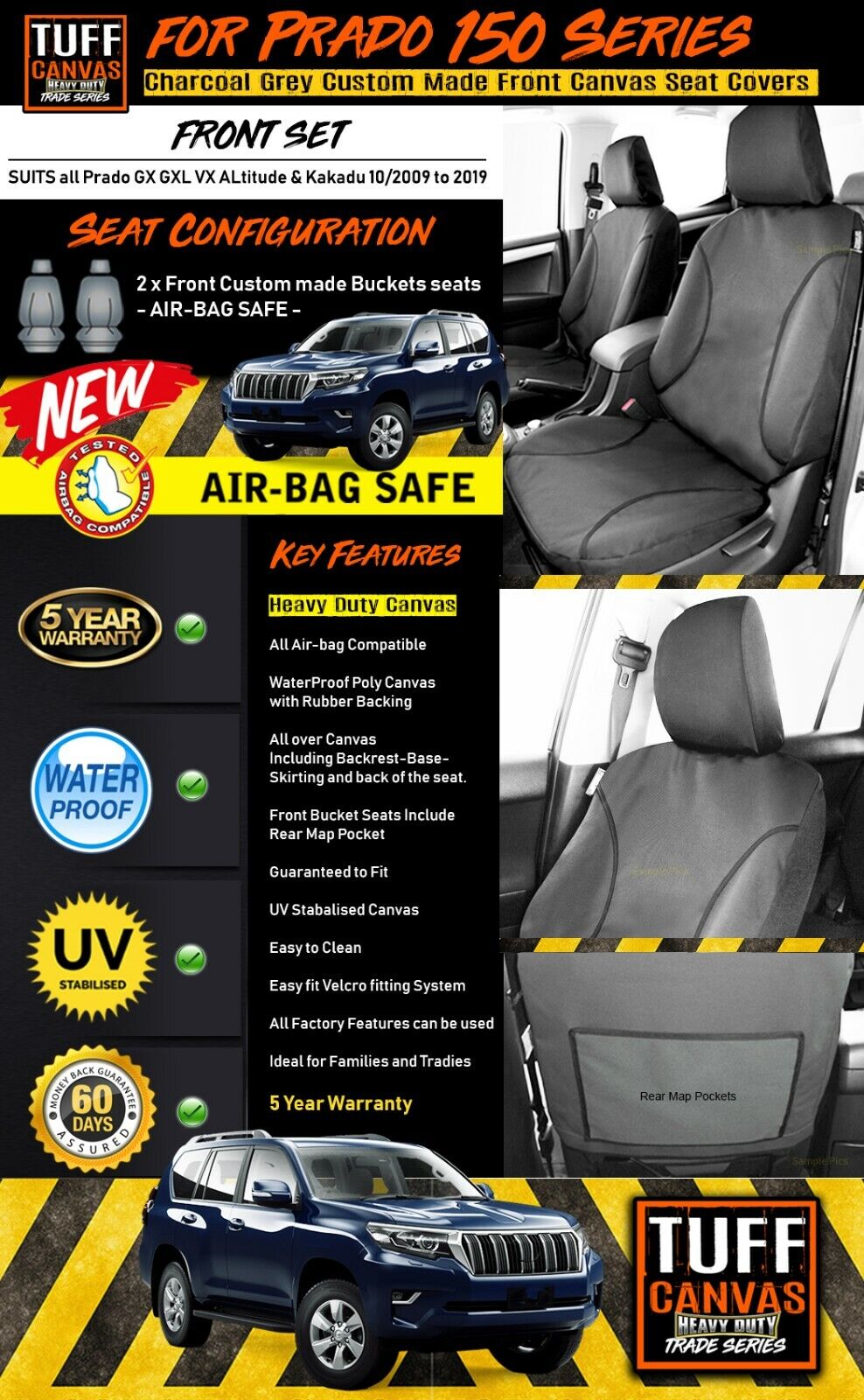 TUFF HD TRADE Canvas Seat Covers Front For Toyota Prado 150 GXL GX Altitude 2009-2019 Charcoal