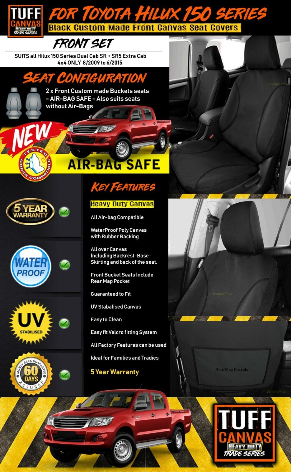 TUFF HD TRADE Canvas Seat Covers Front For Toyota Hilux 150 SR SR5 8/2009-6/2015 Black