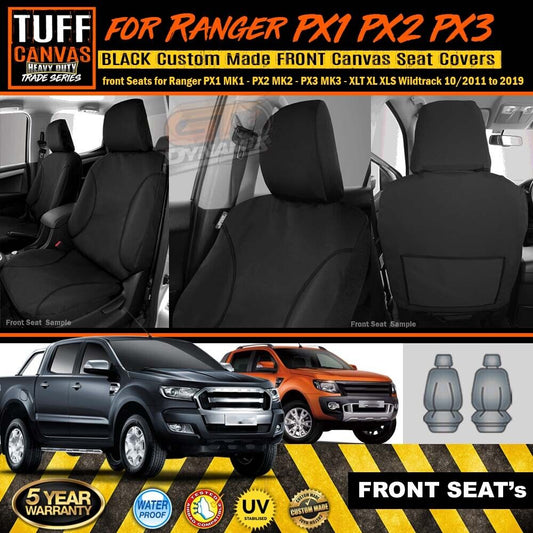 TUFF HD TRADE Canvas Seat Covers Front For Ford Ranger MK1 MK2 MK3 XLT XL 2011-2022 Black