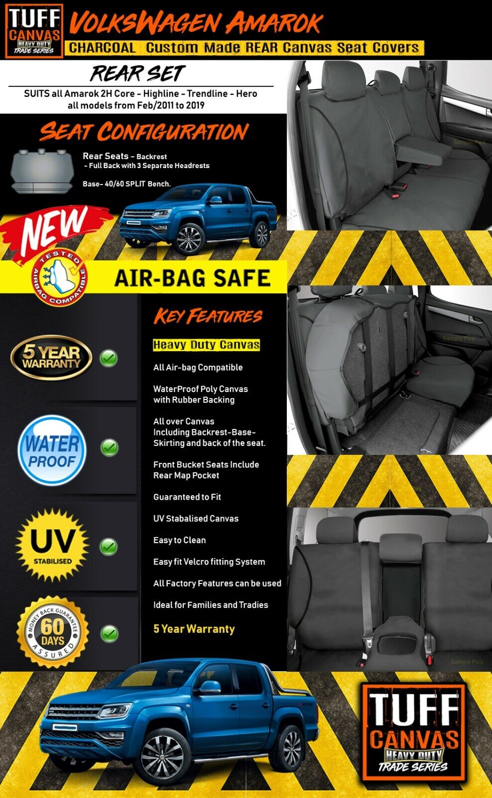 TUFF HD TRADE Canvas Seat Covers Rear For Volkswagen Amarok 2H 2/2011-2022 Charcoal