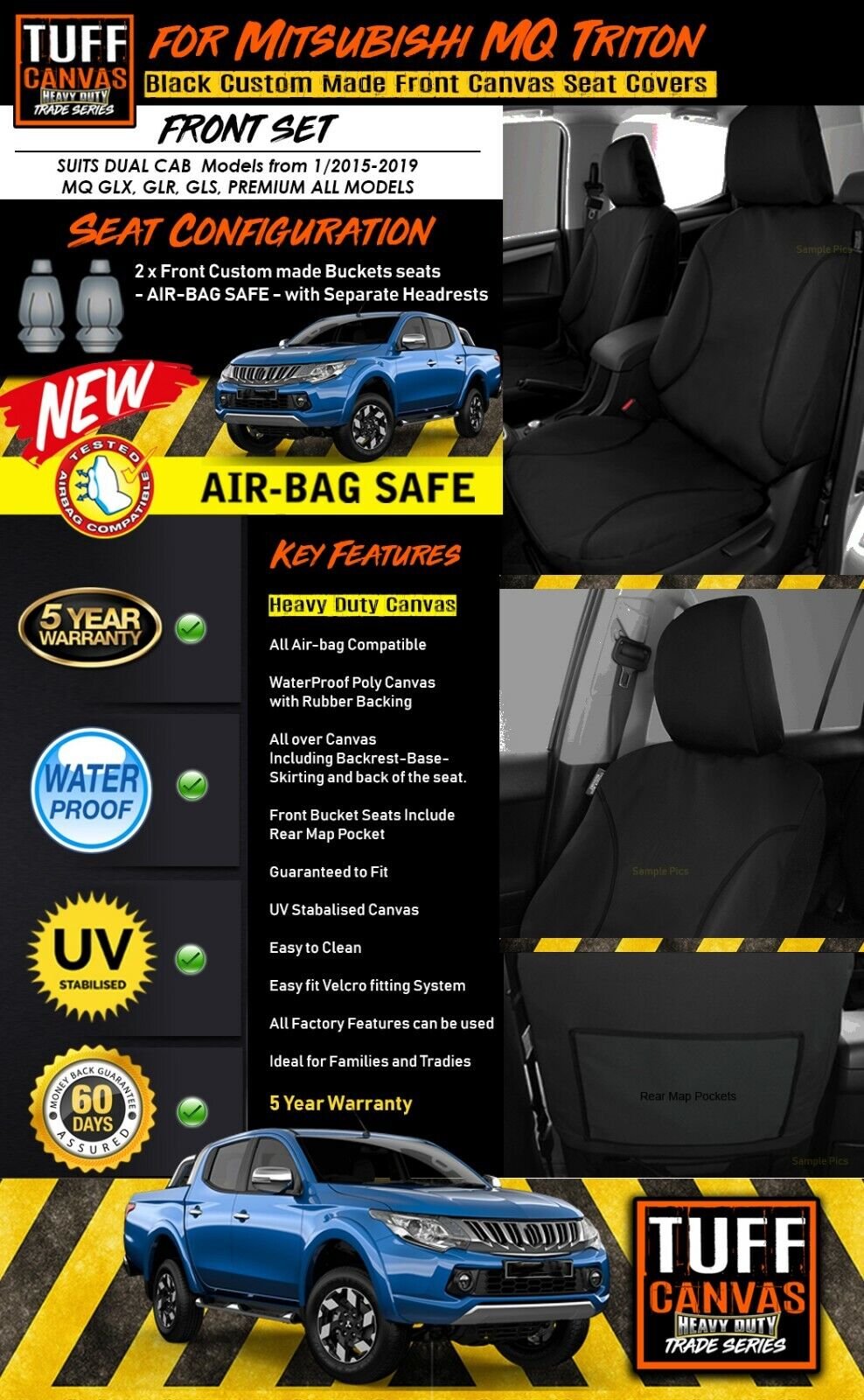 TUFF HD TRADE Canvas Seat Covers Front For Mitsubishi Triton MQ GLX GLR GLS 2015-2019 Black