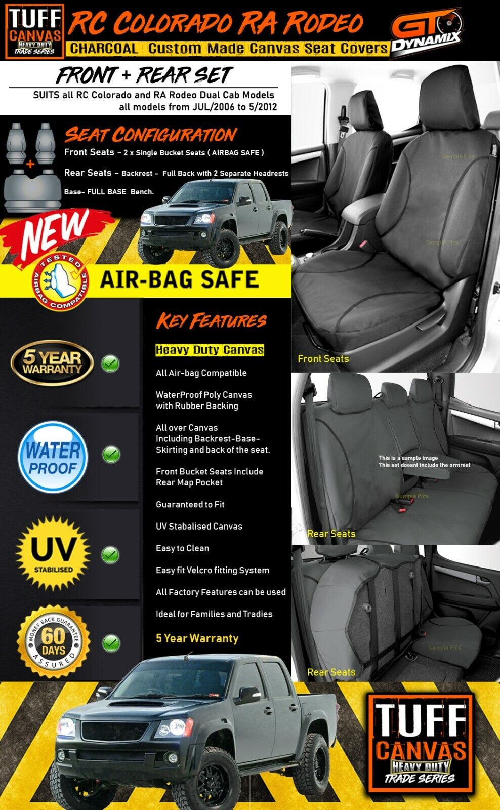 TUFF HD TRADE Canvas Seat Covers 2 Rows For Holden RC Colorado + RA Rodeo 2003-2012 Charcoal