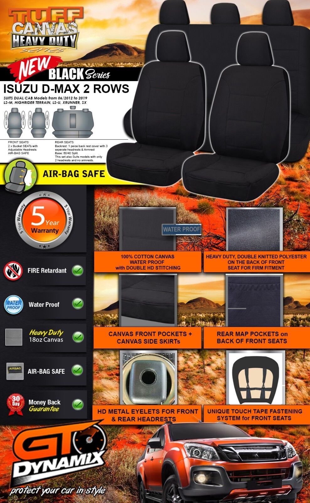 Tuff HD Canvas Seat Covers 2 Rows For Isuzu DMAX Dual Cab LS-U 6/2012-2019 D-MAX Black