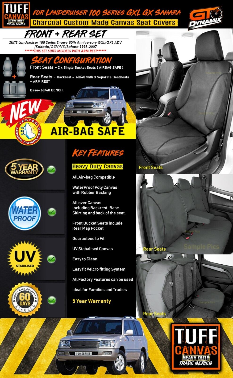 TUFF HD TRADE Canvas Seat Covers 2 Rows For Toyota Landcruiser 100 Series with ARMREST 1998-2007 Charcoal