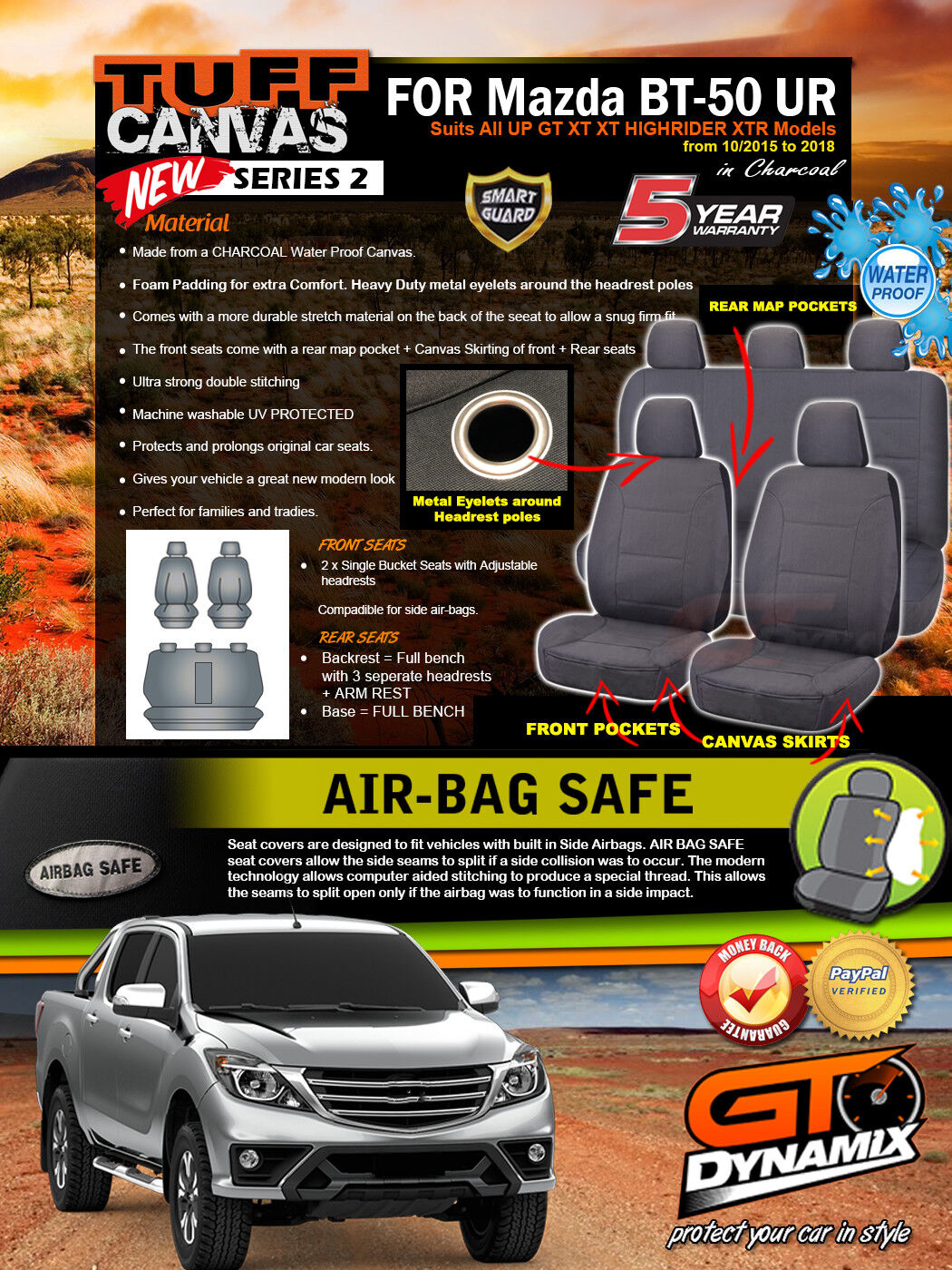 Tuff Canvas Seat Covers 2 Rows For Mazda BT-50 UR Dual Cab XT XTR 10/2015-20 BT50 Charcoal