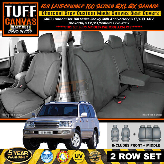 TUFF HD TRADE Canvas Seat Covers 2 Rows For Toyota Landcruiser 100 Series No Armrest 1998-2007 Charcoal