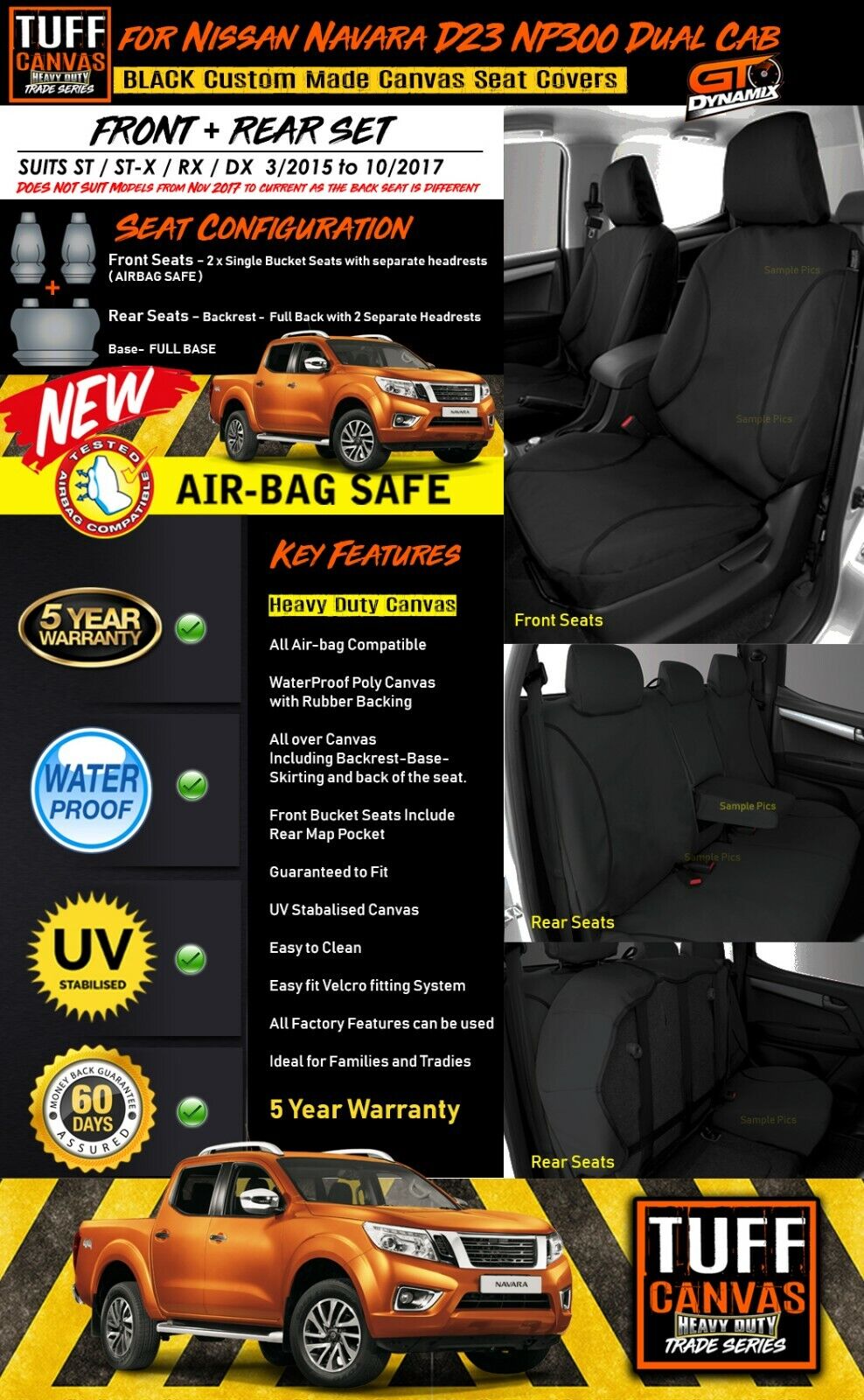 TUFF HD TRADE Canvas Seat Covers 2 Rows For Nissan Navara D23 NP300 ST ST-X 3/2015-10/2017 Black