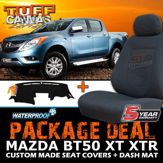 Tuff Canvas Seat Covers 2 Row + Dash Mat For Mazda BT-50 Dual Cab XT XTR 11/2011-2015 Charcoal
