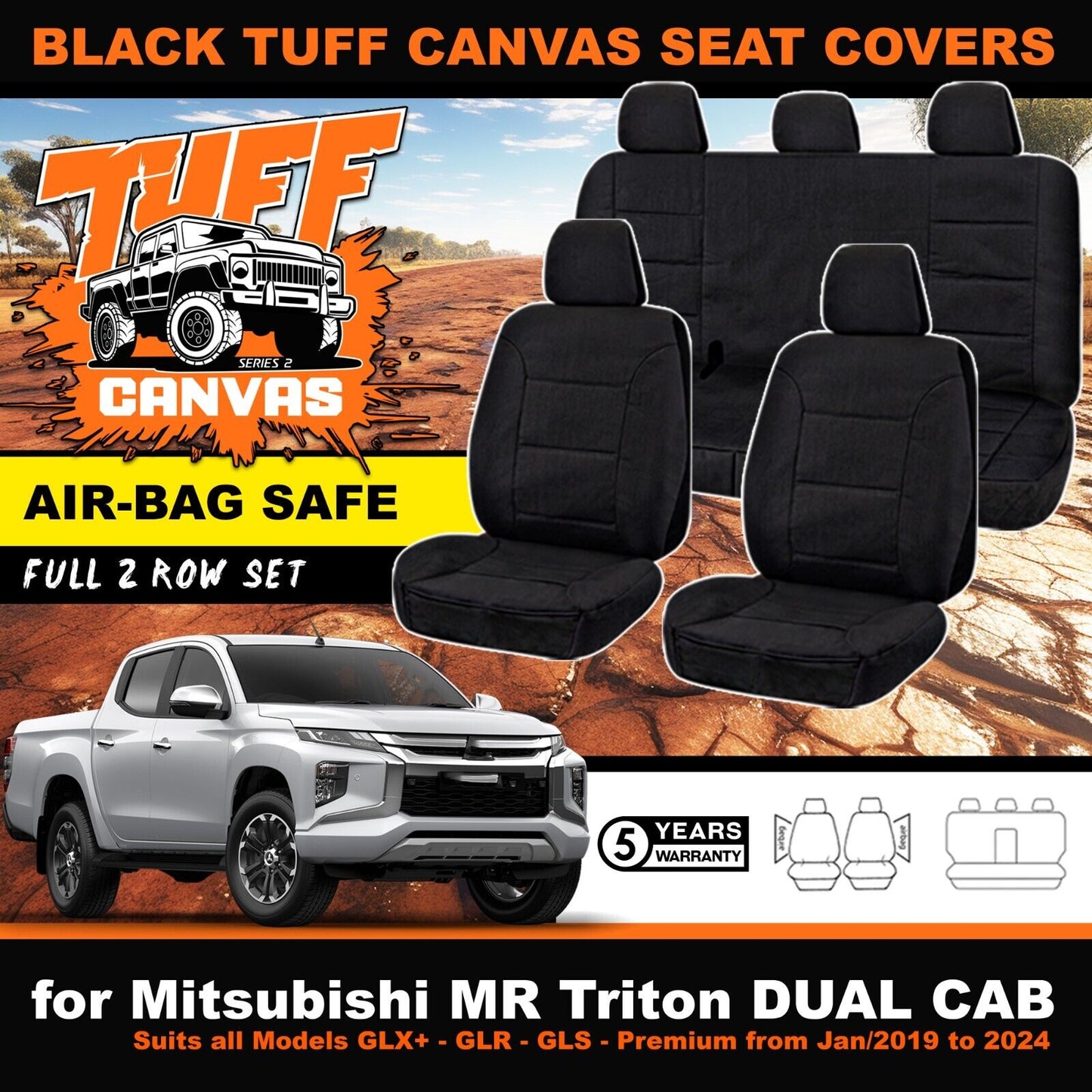 Black Tuff Canvas S2 Seat Covers 2 Rows For Mitsubishi Triton MR GLX GLR GLS 1/2019-2023