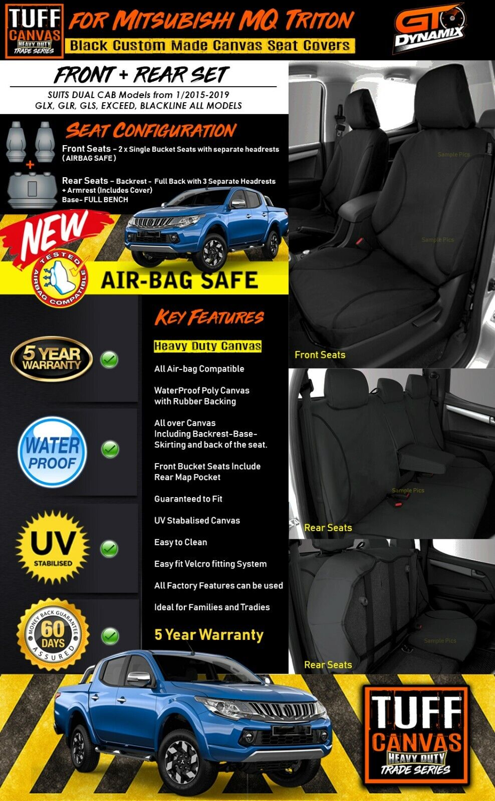 TUFF HD TRADE Canvas Seat Covers 2 Rows For Mitsubishi Triton MQ Dual Cab GLS GLX 2015-2019 Black