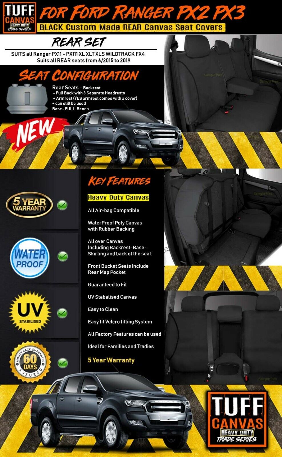TUFF HD TRADE Canvas Seat Covers Rear For Ford Ranger PX2 PX3 XLT XL 6/2015-2022 Black