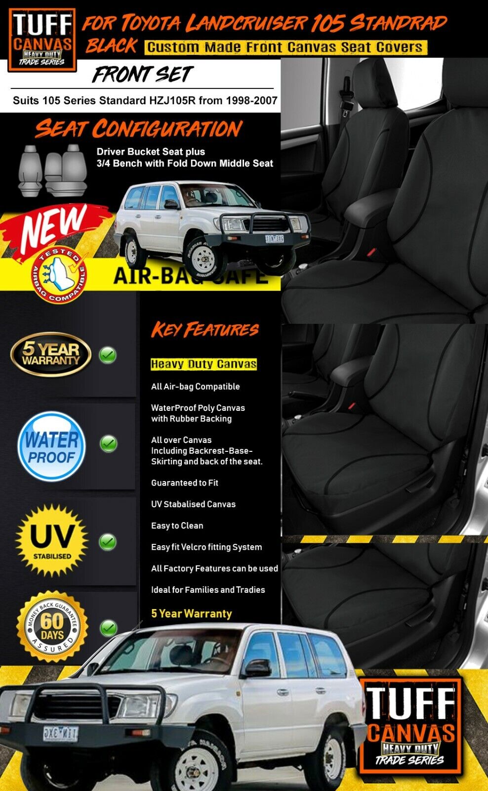 TUFF HD TRADE Canvas Seat Covers Front For Toyota Landcruiser HZJ105R 1998-2007 Black