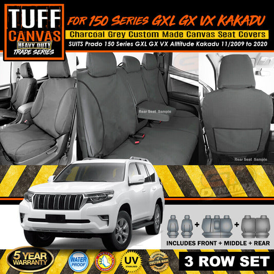 TUFF HD TRADE Canvas Seat Covers 3 Rows For Toyota Prado 150 GXL VX Kakadu 2009-2021 Charcoal