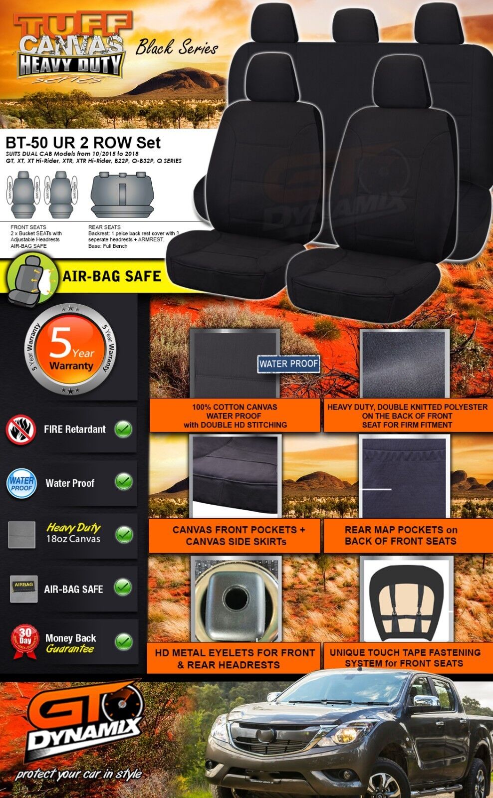 Tuff HD Canvas Seat Covers 2 Row For Mazda BT-50 UR Dual Cab 10/2015-2019 BT50 Black