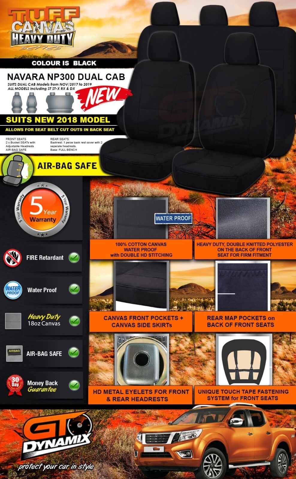 Tuff HD Canvas Seat Covers 2 Rows For Nissan Navara D23 NP300 Dual Cab ST ST-X RX 11/2017-2020 Black