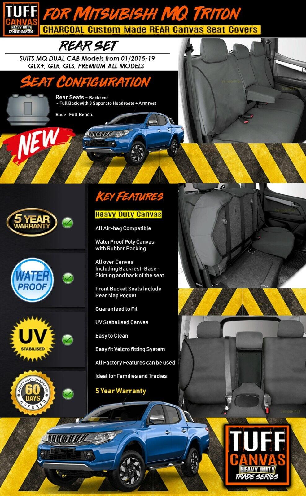 TUFF HD TRADE Canvas Seat Covers 2nd Row For Toyota Landcruiser 200 Series GXL 8 Seater 2007-2020 Black