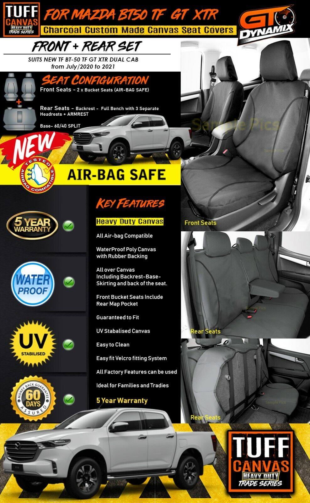 TUFF HD TRADE Canvas Seat Covers 2 Rows For Mazda BT-50 TF GT XTR BT50 7/2020-2023 Charcoal