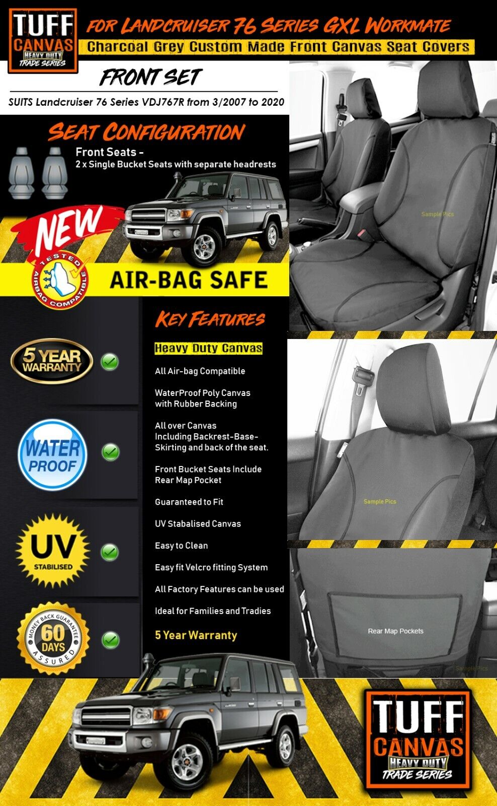 TUFF HD TRADE Canvas Seat Covers Front For Toyota Landcruiser 76 Series GXL VDJ76R 2007-2020 Charcoal
