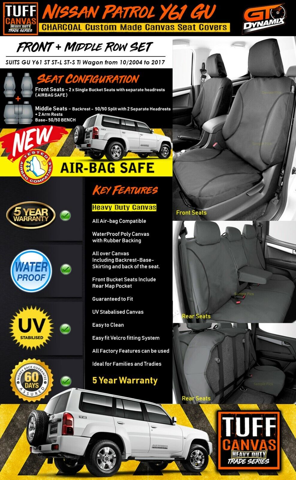 TUFF HD TRADE Canvas Seat Covers 2 Rows For Nissan Patrol GU Y61 ST ST-L Ti Set 10/2004-2017 Charcoal