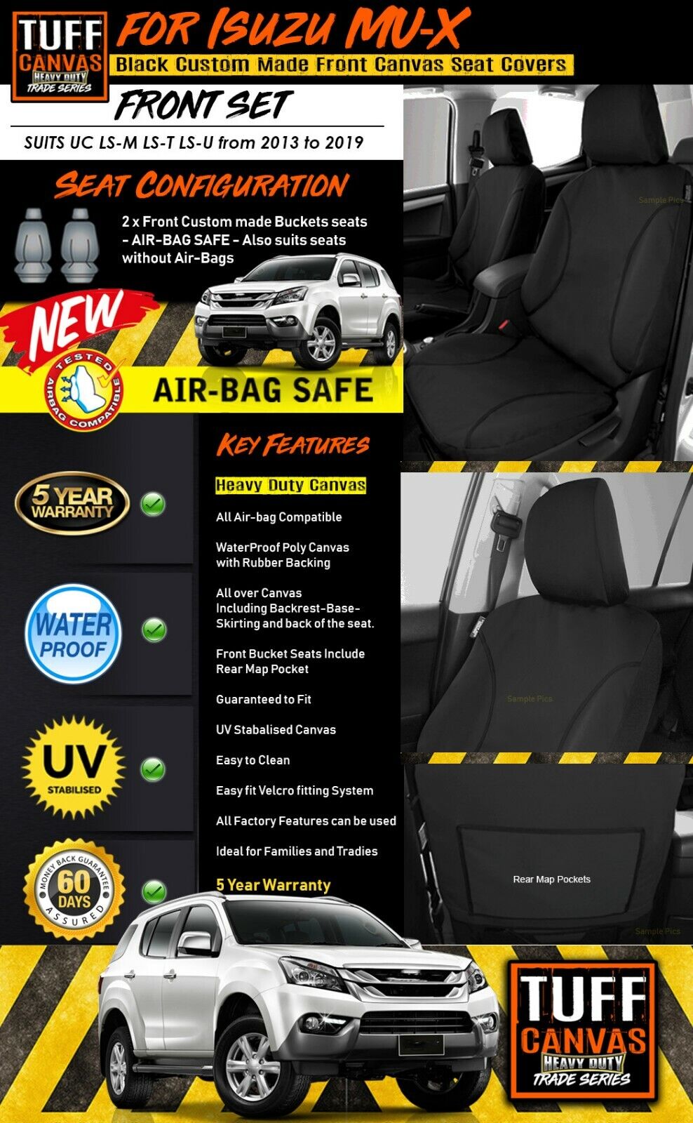TUFF HD TRADE Canvas Seat Covers Front For Isuzu MU-X LS-M LS-T LS-U 2013-2019 Black