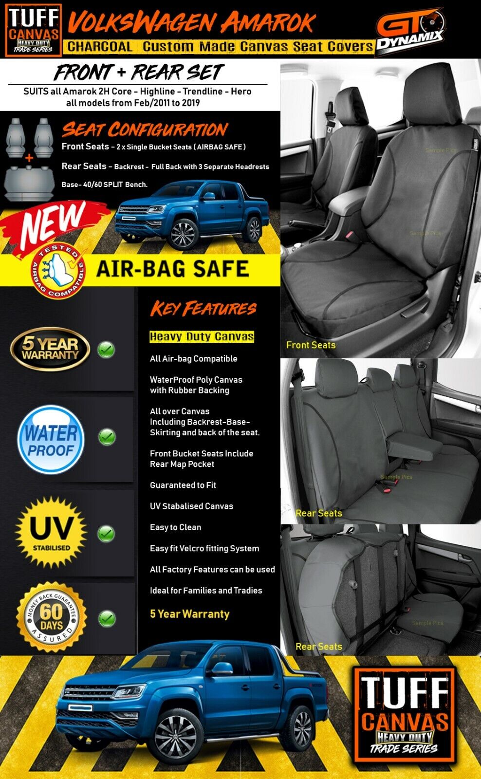 TUFF HD TRADE Canvas Seat Covers 2 Rows For Volkswagen Amarok 2H 2/2011-19 Charcoal